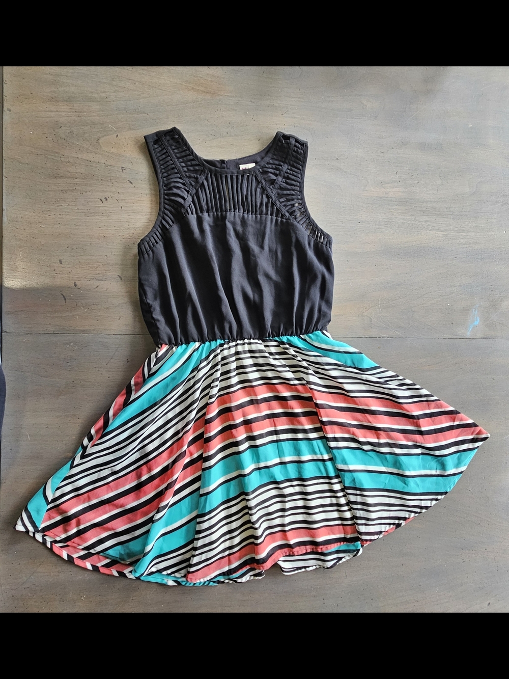 AUW Black Bodice Striped Coral & Teal Skater Dress